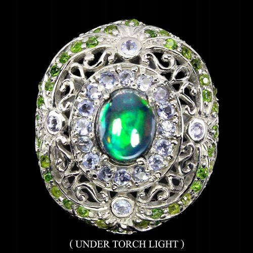 Tansanit Ring schwarzer Opal Diopsid Größe 14,5