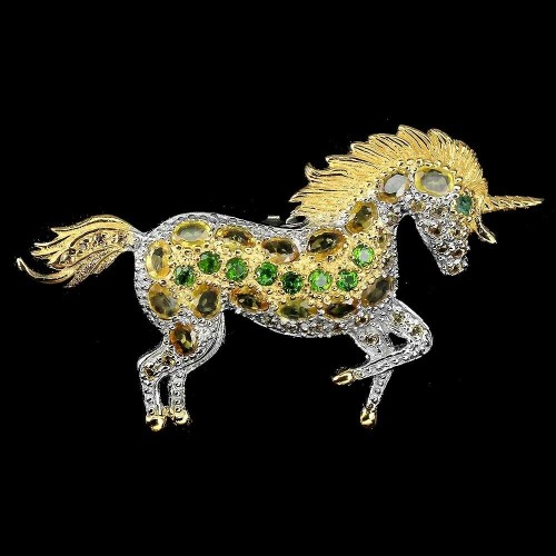 Brosche Silber Einhorn 925 Diopsid Saphire