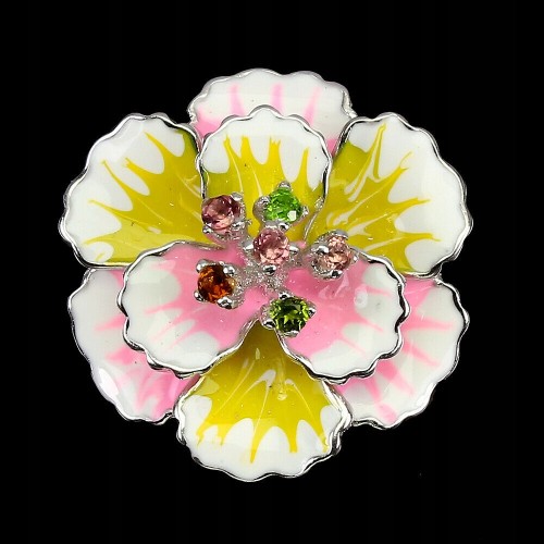 Ring silver 925 enamel tourmaline flower size 15