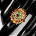 Silver ring, sapphires, emeralds, garnet, size 15