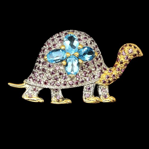 Silberbrosche Schildkröte Saphire Swiss Blue Topas 925