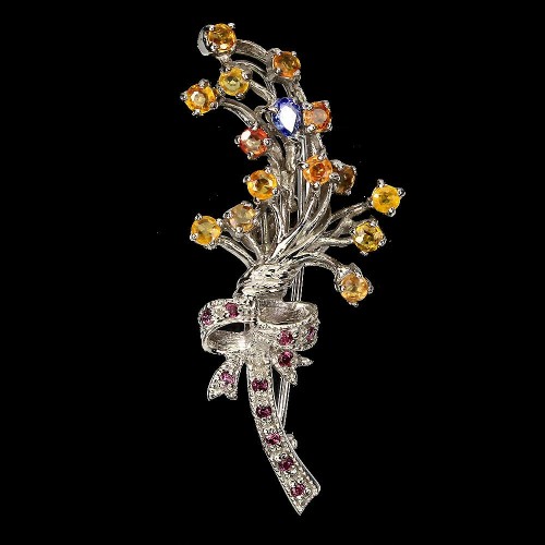 Brosche natürliches Silber Granate Saphire Tansanite