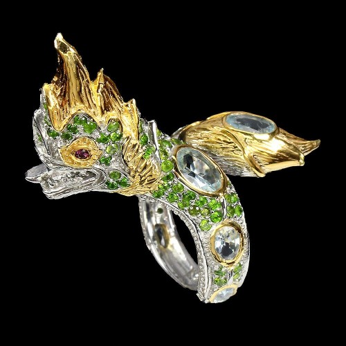 Diopsid Ring Aquamarin Sterlingsilber Drache Größe 16