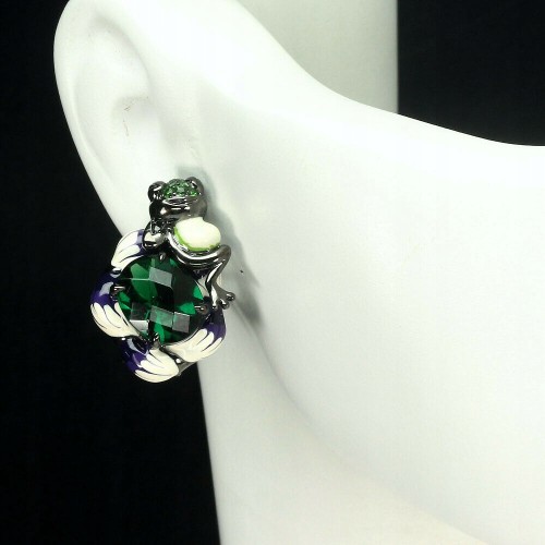 Silberne Emaille Ohrringe mit grünen Zirkonia Frosch 1