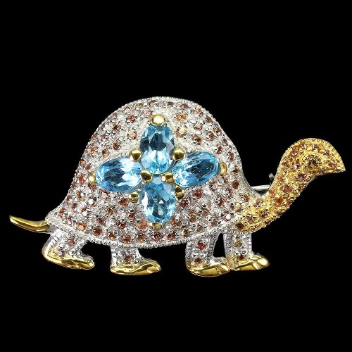 Silberbrosche Schildkröte Saphire Swiss Blue Topas 925