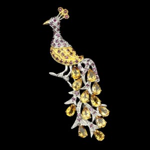 Pfau Brosche Citrin Granate Rubine Silber 925