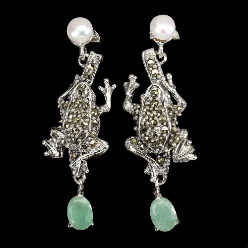 Silberohrringe Smaragde Markasit Perlen Frösche 1