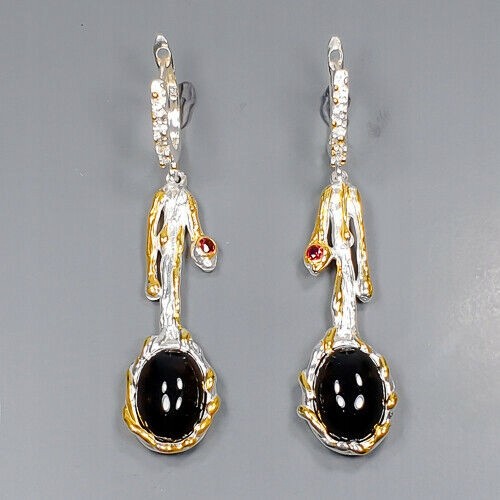 Silver earrings natural smoky quartz garnet 1