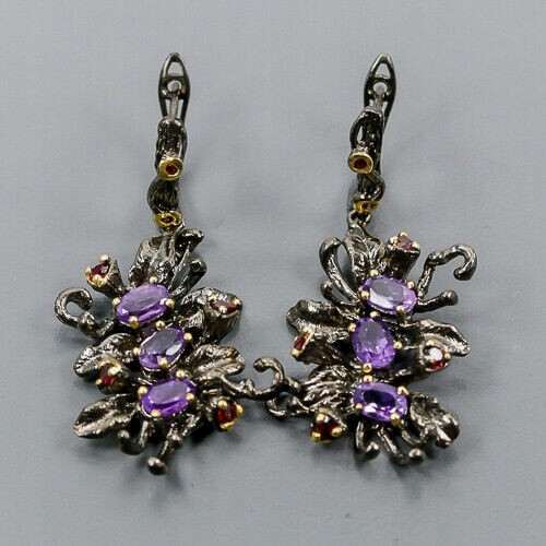 Künstlerische Natur Ohrringe 3 Granate Amethyste
