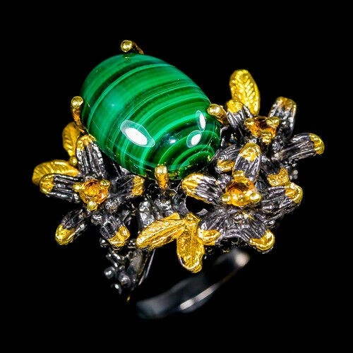 Künstlerischer Malachit Ring Größe 16 Turmaline