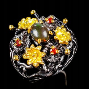 Künstlerischer schwarzer Opal Ring Größe 14,5 Granate