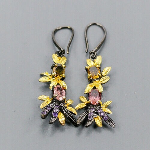 Künstlerische Ohrringe 3 Amethyste Turmaline 925