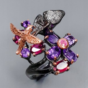 Künstlerischer Ring Vogel Amethyste Granate Größe 14