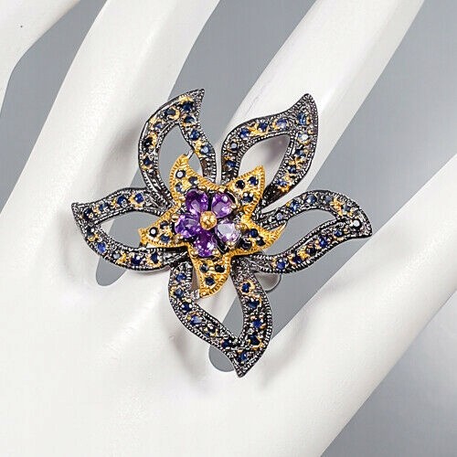Künstlerischer Ring Amethyst Größe 16 Saphir Blume
