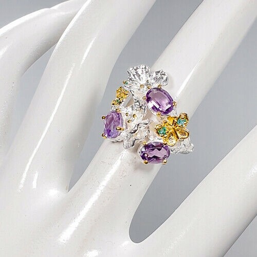 Künstlerischer Ring 925 Amethysten Blumen Größe 14