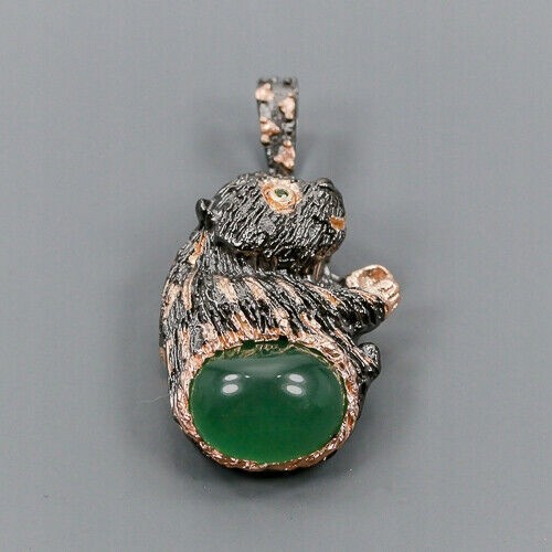 Artistic pendant chrysoprase diopside teddy bear 925