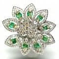 Ring  natural emeralds size 15  cubic zirconia flower