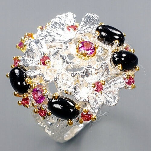 Künstlerischer Ring Granate Spinelle Größe 15,5 Blume