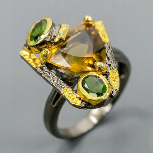 Künstlerischer Zitronenquarz Ring Größe 17 Diopsid