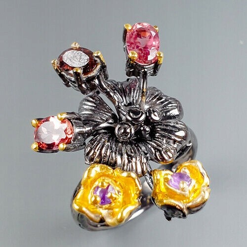 Künstlerischer Ring Amethyst Granat Größe 15,5 Blume