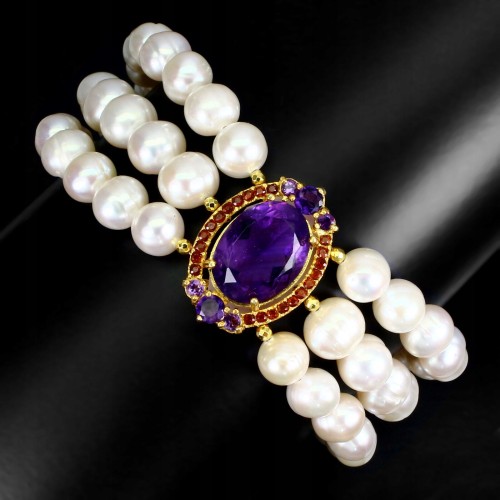 Natürliches Amethyst Armband mit Granat Perlen 925