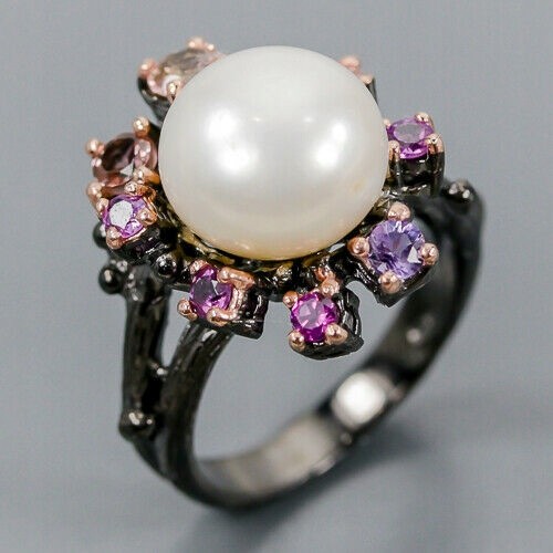Künstlerischer Ring Perle Amethyste Granat Größe 13,5