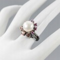 Künstlerischer Ring Perle Amethyste Granat Größe 13,5