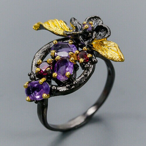 Künstlerischer Ring Amethyste Granaten Größe 18 Blume