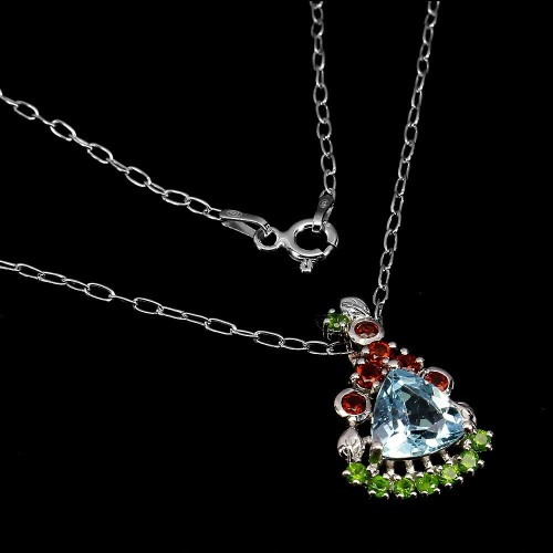 Silberhalskette mit Sky Blue Topas und Diopsid Granaten