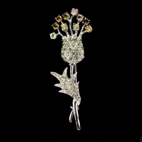 Brosche Turmalin Blume Saphire Silber Diopside 3
