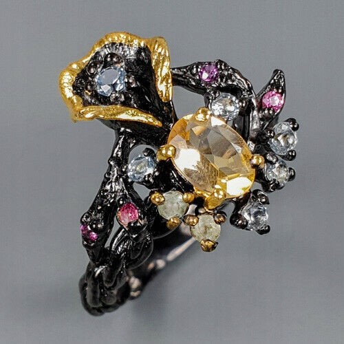 Künstlerischer Ring Topas Citrin Granaten Größe 17