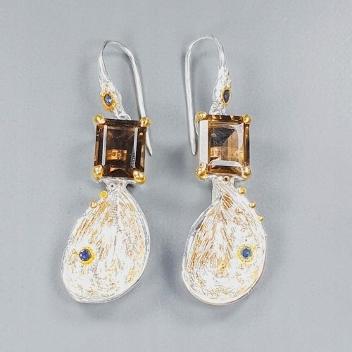 Künstlerische Ohrringe Rauchquarz Saphire Silber 4