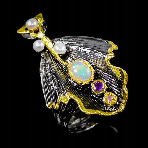 Künstlerischer Opal Ring Größe 13 Amethyst Perlen