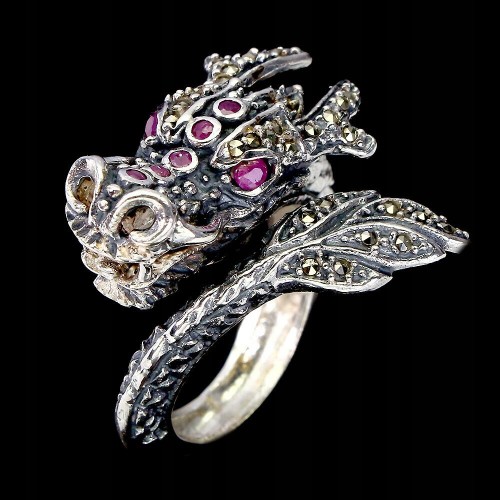 Drachenring, 925er Silber, Markasit-Rubine,  20