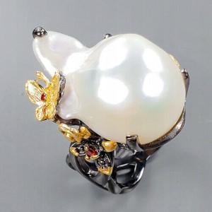 Ring mit Perle, Barock, Granat, Schmetterling, gr. 18 925