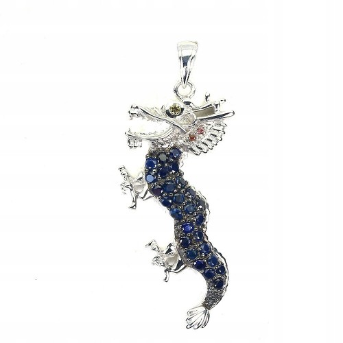 Silberner Drache Anhänger mit natürlichen blauen Saphiren