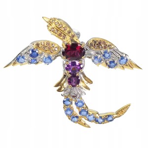 Brosche Granate Kyanite Amethyst Saphire Vogel 925
