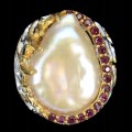 Ring Größe 19 barocke Perle Granate Silber 925