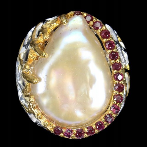 Ring Größe 19 barocke Perle Granate Silber 925