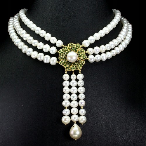 Natürliche Diopsid-Halskette aus Silber mit Perlen