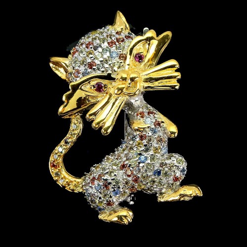 Brosche 925 Silber Granaten Saphire Songea Katze