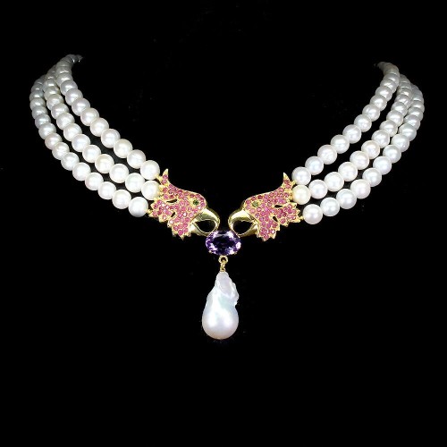 Halskette natürliche Amethyst Rubine Perlen 925 Vogel