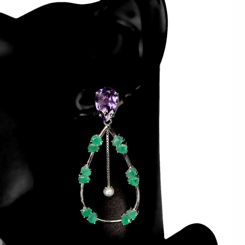 5 Ohrringe Perlen Amethyste natürliche Smaragde 925