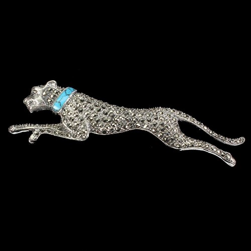 Gepard Brosche aus Silber mit natürlichem Markasit Türkis