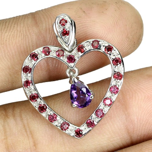 Silberner Herz Anhänger mit natürlichem Granat Amethyst