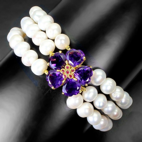 Armband natürliche Amethyste Perlen Rubine 925